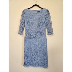 Adrianna Papell Blue Lace 3/4 Sleeve‎ Dress Womens Size 2 Ruched Waist
